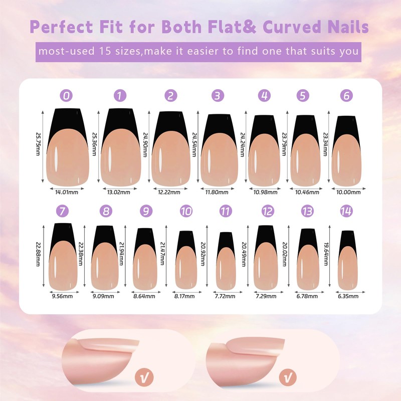 Maigitur Black French Tip Nails - Press On Coffin Shape
