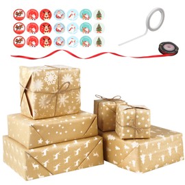 5 Styles Kraft Christmas Wrapping Paper Bulk, 100X44cm Wrapping Paper Christmas, Brown Wrapping Paper with 1 Roll Tape, Stickers, Twine, Xmas Wrapping Paper Gift with Antler Snowflakes Trees Stars