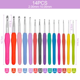 Frevoitna 14-Piece Crochet Hook Set, Multicoloured, Crochet Hooks with Needles and Stitch Markings, 14 Sizes, Knitting Needles Kit with TPR Soft Grip and Storage Box, Crochet Hooks Set for Beginners