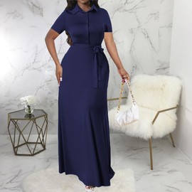 MsavigVice Women's Maxi Dress Short Sleeve Casual V Neck Button Down Loose Fit Summer Dress for Party