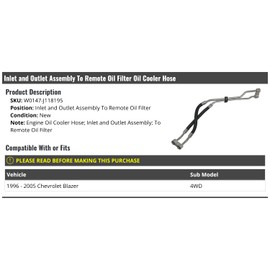 Marketplace Auto Parts Engine Cooler Inlet and Outlet Hose - To Remote Filter - Compatible with 1996-2005 Chevy Blazer 4WD