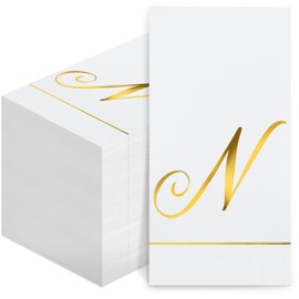 Pasimy 100 Pcs Initial Napkins Monogram Guest Napkins Gold Letter Paper Towels Disposable Elegant Dinner Towels for Wedding Bridal Shower Holiday Birthday Party Tableware Decor(N Letter)