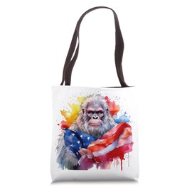 Bigfoot Watercolor Artwork American Flag 4th Of July Art USA Tote Bag