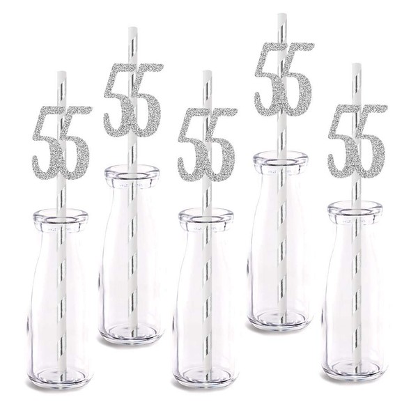 Silver Happy 55th Birthday Straw Decor, Silver Glitter 24pcs Cut-Out Number 55 Party Drinking Decorative Straws, Supplies