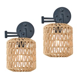 Modern Rattan Wall Sconce Set of Two, Swing Arm Black Wall Lamp with Boho Woven Lampshade & Dimmable On/Off Switch, Wall Mount Reading Light Fixture Bedside Lamp for Stairway Bedroom Living Room