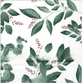 Set of 2 Individual Decoupage Paper Party Napkins Mixed Media LEAVES and RED BERRIES Decor Luncheon Beverage Christmas Series Napkin for a Birthday, Holiday, Wedding, Cocktail Party
