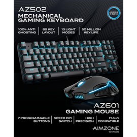 Aimzone Keyboard and Mouse, Wired Ergonomic Gaming Keyboard and Mouse Combo, 80% Mechanical Keyboard, 89 Multimedia Keys, 6400 DPI Wired Gaming Mouse for Laptop, Computer, PC, Black Gamer Mouse w. LED
