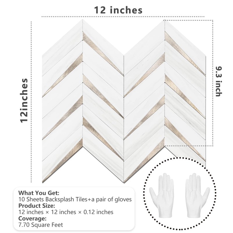 STICKGOO 10-Sheet Herringbone Tile Peel and Stick Backsplash, Dolomite White