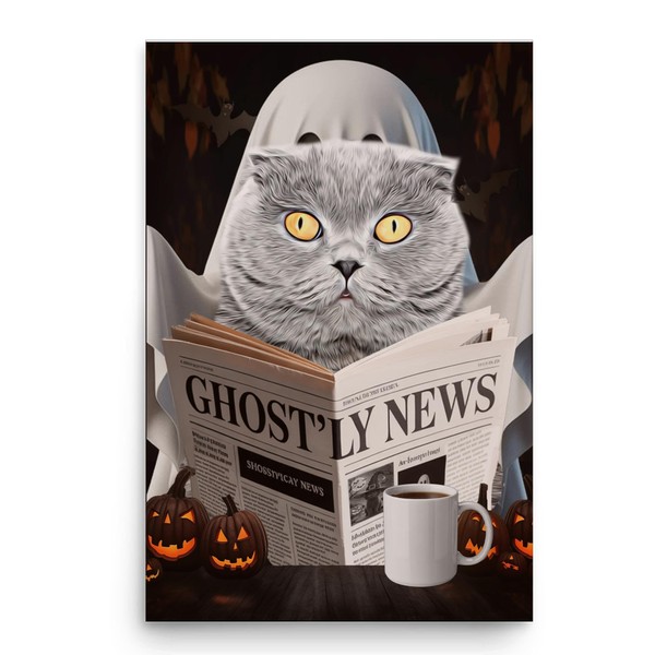 Spooky Halloween Pet and Ghost Reading Wall Art - Blue
