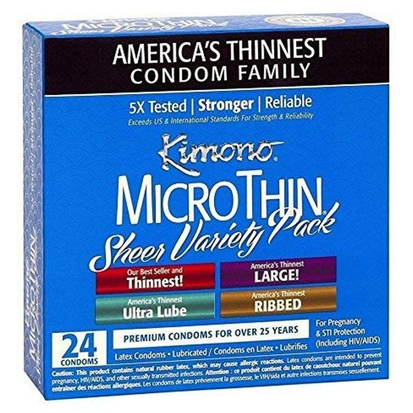 Kimono Microthin Condoms Variety Pack, Includes Thin, Large, Blue, 24 Count (1616909024)