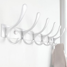 SKOLOO Coat Rack Wall Mounted - 6 Hooks, Heavy Duty, Stainless Steel, Metal Wall Coat Hanger, Sturdy Wall Hooks for Hanging Coat, Jacket, Clothes, Hat, White
