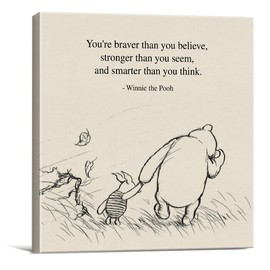 Classic Winnie the Pooh Quote Wall Art Decor Retro Braver Stronger Smarter Positive Sayings Canvas Painting Pictures Framed Print Sign Artwork Ready to Hang (8x8 Inches)