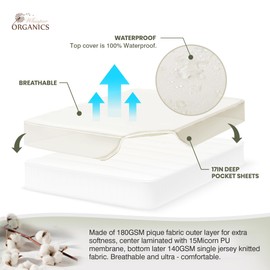 Whisper Organics, 100% Waterproof Mattress Protector - Pique Weave, Soft - Twin XL Mattresses Cover - GOTS Certified Organic - White, 17" Deep Pocket