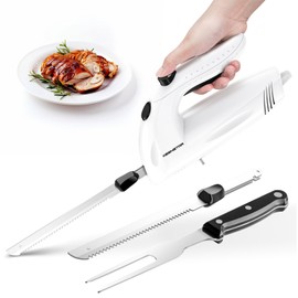 KEENSTAR Electric Knife for Carving Meat, Turkey, Bread, 150W Electric Knife Set with 2 Serrated Stainless Steel Blades & Serving Fork for Slicing Poultry, Ham & More, Ergonomic Handle & Safety Lock