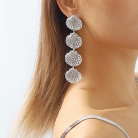 Xerling Silver Alloy Cowrie Seashell Boho Earrings Long Shell Dangle Drop Earrings Scallop Textured Mermaid Earrings Women Gifts Beach (Silver)