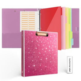 EYROZILL Glitter Binder, 1 Inch 3 Ring Binders with 5 Color Tab Dividers and Clipboards, Cute Binder Organizer with 2 Interior Pockets, Planner Binder for School, Office, or Home, Red