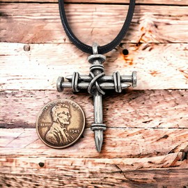 FORGIVEN JEWELRY Wire Wrapped Three Nails Antique Silver Metal Cross Pendant Black Cord Necklace