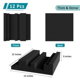 TroyStudio Thickened 12 X 12 X 3 Inch Acoustic Foam Panels in Diffusion Pattern, 12 Pcs High Density Sound Absorbing Foam Diffuser, Soundproof 3D Wall Padding Tiles for Recording Studio Home Office