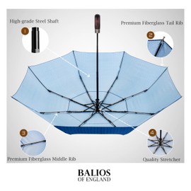 Balios Travel Folding Umbrella with Real Wood Handle Auto Open Close Vented Windproof Canopy - Designed in UK (Herringbone Navy Blue)
