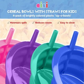 Cibi Cereal Bowls with Straws for Kids BPA-Free Plastic | Toddler Sip-A-Bowls with Built-In Straw for Cereal and Soup | Set of 4 Colorful Breakfast Bowls