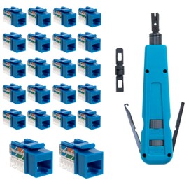Easy Punch Down with Stainless Steel Blades For RJ45 LAN Cat6 / Cat5e Keystone Jacks + 20 Blue Cat5e Keystones Jack Connectors Kit