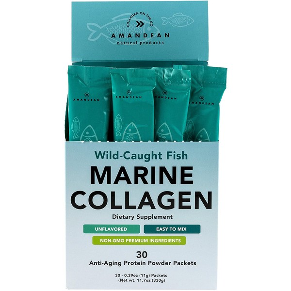 Amandean Marine Collagen Peptides Stick Packs | Wild-Caught Fish | 30 Single Use Individual Convenience Packets | Anti-Aging, Paleo Friendly, Non-GMO, Zero Carbs, Unflavored, High Bioavailability Mix