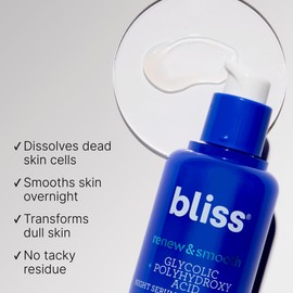 Bliss Renew & Smooth Glycolic Acid Night Serum | 8.5% AHA + PHA Complex for Texture, Glow & Radiance | Gentle Daily Exfoliating Treatment for Smoother, Brighter Skin | Vegan & Cruelty-Free | 1 fl oz