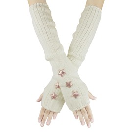 Feelorna Women's Arm Warmers, Y2K Cute Knitted Gloves Stretchy Long Fingerless Gloves Winter Warm Arm Sleeve with Thumb Hole (White)