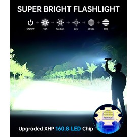 Osgal Flashlights High Lumens, 5000.000LM Super Bright Rechargeable Flashlight with USB C, 5 Light Modes, Zoomable, IP67 Waterproof, High Powered Flashlight for Camping Emergencies