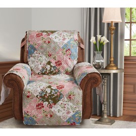 Brilliant Sunshine Peach and Olive Flowers Patchwork Quilted Recliner Slipcover, 26" Seat Width, Slip Resistant Furniture Protector, 2" Strap, Washable Reclining Chair Cover for Kids, Dogs,Peach Olive