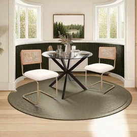 CangLong Rattan Dining Chairs Set of 2, Modern Kitchen Chairs with Natural Mesh Rattan Backrest & Solid Thick Metal Legs, Upholstered Fleece Armless Side Chairs for Living Room, Study, Cream