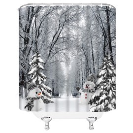 JEJOMEAG Winter Christmas Snowman Shower Curtain Snowy Trees Country Nature Snow Scene Xmas Holiday Fabric Bathroom Curtain with Hooks, 70Wx70H