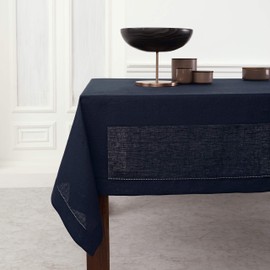 Solino Home Navy Linen Tablecloth 132" L x 60" W Inch – 100% Pure Linen Classic Hemstitch Tablecloth – Machine Washable Dining Tablecloth for Spring, Holiday, Winter Decor