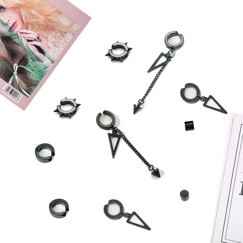 5 Pairs Black Stainless Steel Non-Piercing Spike Rivet Geometric Triangle