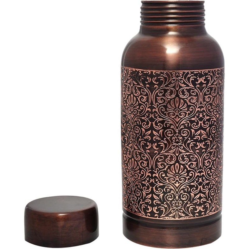 ANCIENTIMPEX Pure Copper Water Bottle Beautiful Floral Pattern For Ayurveda