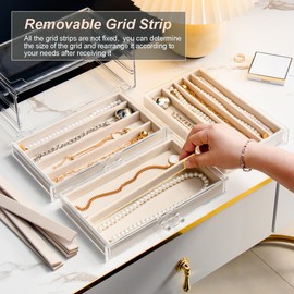 YUFONG Necklace Holder Organizer, Dustproof Necklace Box Velvet Necklace Organizer Box with Lid Clear Acrylic Dustproof Stackable Jewelry Displays for Necklaces Chain Display (Beige, 3 Drawer)