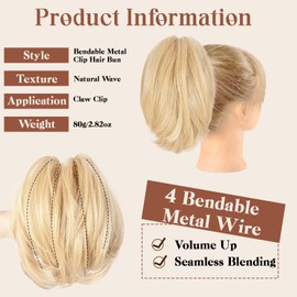 MFDYMYGS Messy Bun Hair Piece Claw Clip, Messy Bun Hair Piece with Bendable Metal,Short Ponytail Extensions Hairpieces for Women (Light Blonde)