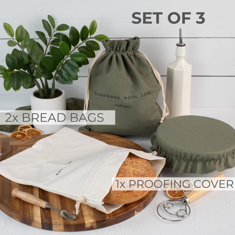 Beautiful Linen Bread Bag Set and Proofing Cover For Homemade