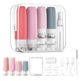 Juego de 16 Botellas de Viaje de Silicona 2oz/3oz, A Prueba de Fugas, Exprimibles, Rellenables y Portátiles con Etiquetas para Champú, Crema y Loción 