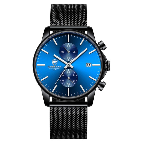 GOLDEN HOUR Men’s Watch Fashion Sport Quartz Analog Mesh Stainless Steel Waterproof Chronograph Watches, Auto Date in Silver Hands, Color: Black Blue Face