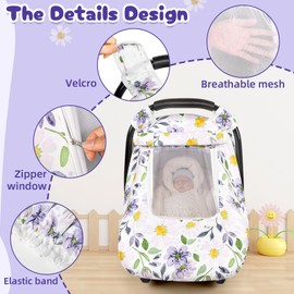 DAYEEBALL Car Seat Cover Baby, Windproof Carseat Cover for Baby Girls, Infant Warm Carseat Canopy with Double Layer Fabric for Winter, Compatible with Most Baby Car Seat, White Daisy