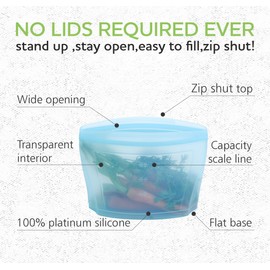 Reusable Silicone Food Storage Bag, Stand Up Food Storage Container, Reusable Zipper seal bag, no lid required, for Food Storage& Meal Prep, Freezer Oven Dishwasher - Safe, Set of 6 Bowls