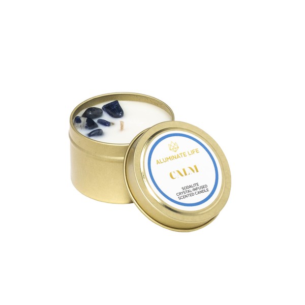 Aluminate Life Luxury Candle Tin, 4 OZ, Calm - Sodalite Crystal Infused - Scents of Chamomile, Howood, & Sage - Destress, Insight, Serenity, & Peace - Coconut Wax Blend, Essential Oils, Dr. Developed
