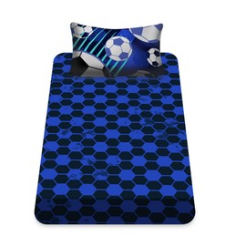 VELVETIO Luxury Kids Fitted Sheet with Matching Pillowcase, Boys & Girls Printed Football Bedsheet Single, Hypoallergenic Polycotton Soccer Bedding Sheet, Blue