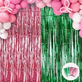 Wicked Party Decorations-4 Pack 3.28 x 8.2 Ft Green and Pink Tinsel Foil Fringe Curtain Glitter Streamers Backdrop Party Decor for Retro Disco Cosplay Witch Princess Wicked Birthday Decor Supplies