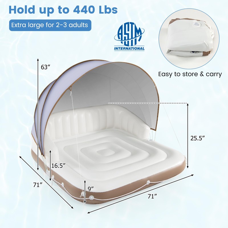 CHEFJOY Inflatable Pool Float with Canopy, 71” Tanning Lounger with