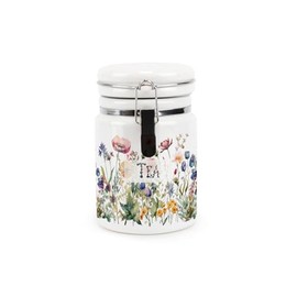 Purely Home Wildflowers Tea Ceramic Storage Canister - Floral Meadow Ceramic Kitchen Food Storage Container with Clip Lid 400ml (13.5cm x 8.5cm)