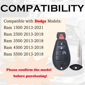 Keyless Entry Remote Start Control Key Fob Replacement Fits for Dodge Ram 1500 2013-2021 Dodge Ram 2500 3500 4500 5500 HD 2013 2014 2015 2016 2017 2018 GQ4-53T 56046955AG 56046955AA 56046955AB