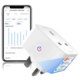 QUEENWEN 13A Smart Plug UK with Energy Monitoring, Smart Socket Works with Alexa and Google Home, Remote Control & Schedule Timer, No Hub Needed, Mini WiFi Plug for Household Appliances
