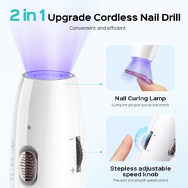 Cordless Nail Drill Electric File: COSLUS with Nail Lamp 2 in 1 Portable Nail Drill Machine Kit, Professional for Acrylic Gel Dip Powder Nails, Rechargeable Manicure Pedicure Tools Polish Set White
